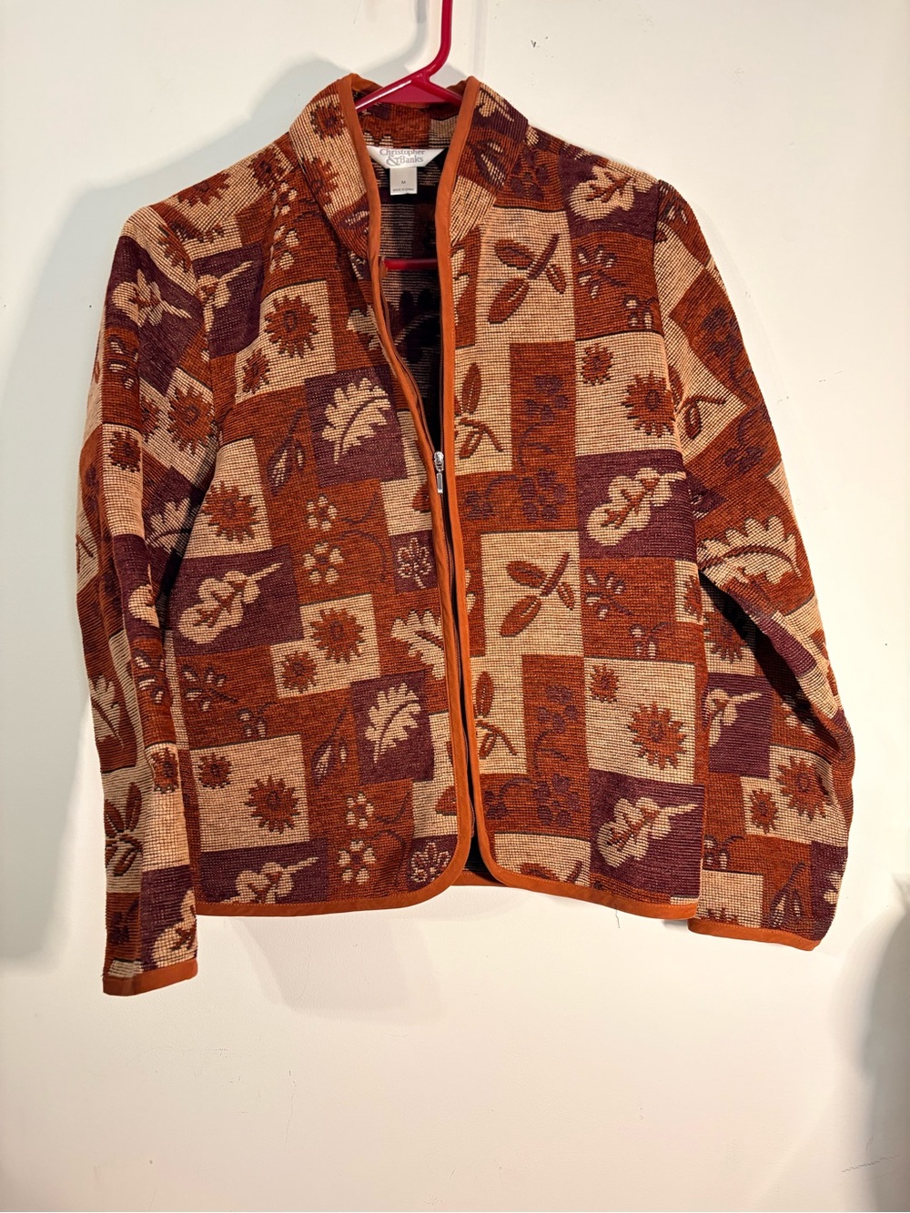 Christopher & Banks Patchwork Print Zip Jacket in Rust and Cream